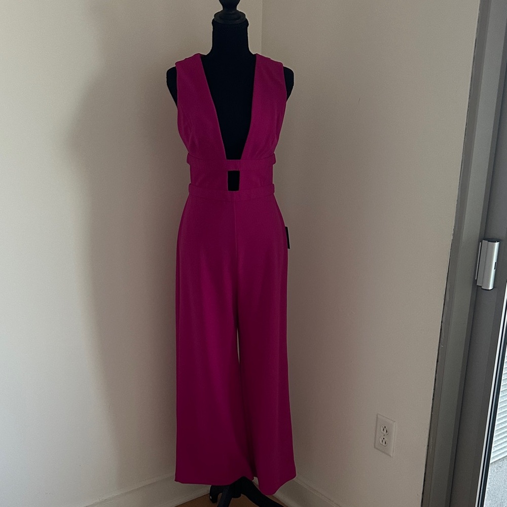 Express Deep V Wide-Leg Cutout Jumpsuit in Fuchsia
